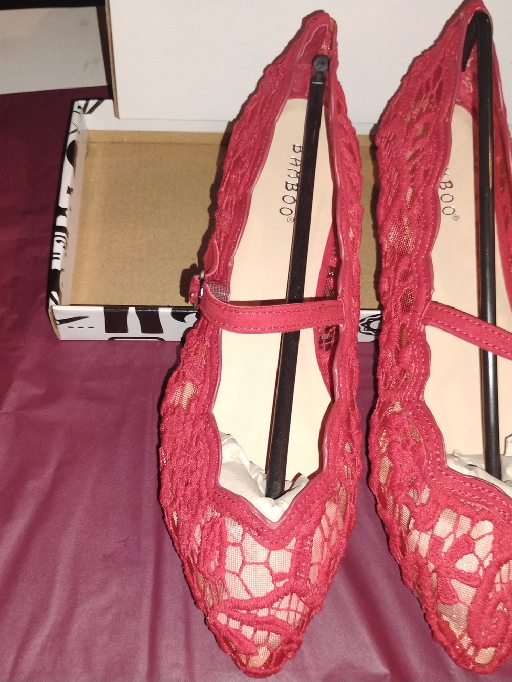 Bamboo Women's Red Lace Mary Jane Flats